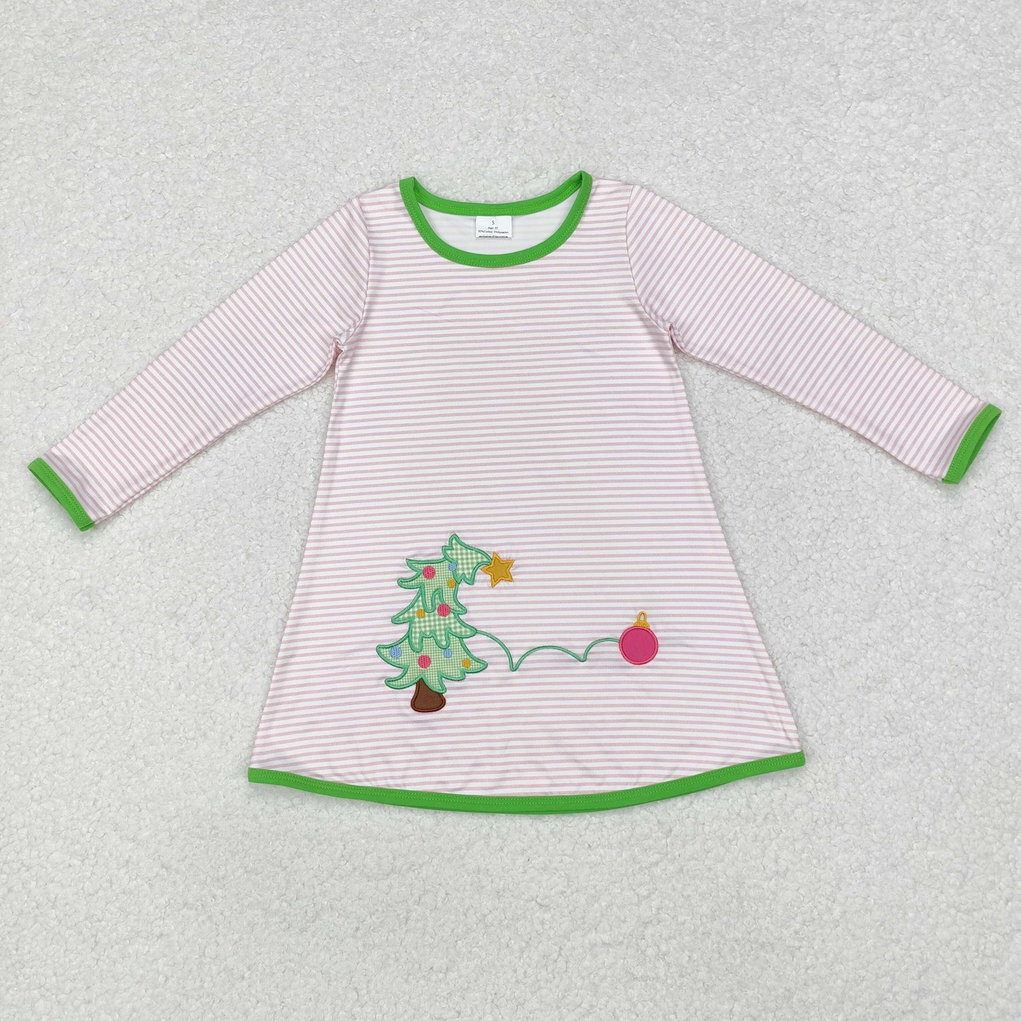 GLD0704 Embroidered Christmas tree striped pink-and-white long-sleeved dress New arrival