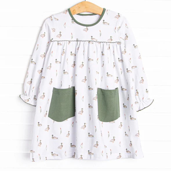 Preorder GLD0717 NO MOQ Duck green pocket white long-sleeved dress