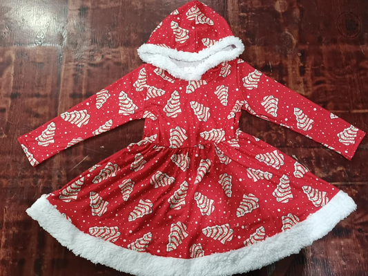 Preorder GLD0723 NO MOQ Christmas Tree cookies White fur trim red hooded long-sleeved dress