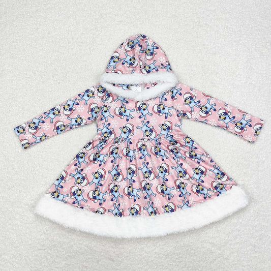 GLD0724 bluey Snow Christmas white furred long-sleeved pink hooded dress