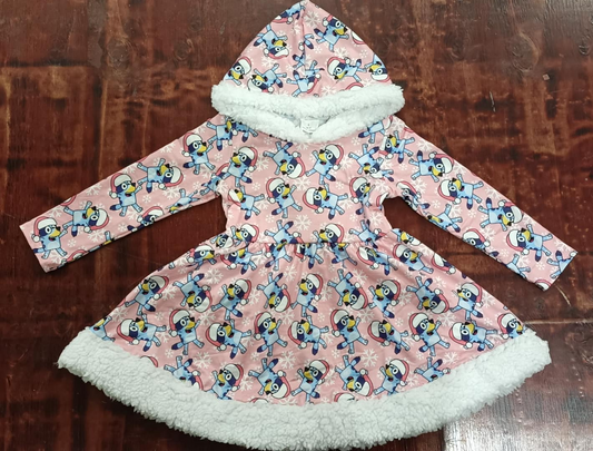 Preorder GLD0724 NO MOQ bluey Snowflake Christmas white furred pink hooded long-sleeved dress