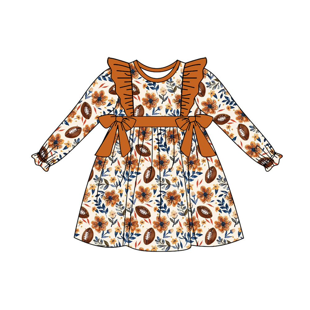 Preorder GLD0727 NO MOQ Rugby Flower leaves Orange lace bow long sleeve dress