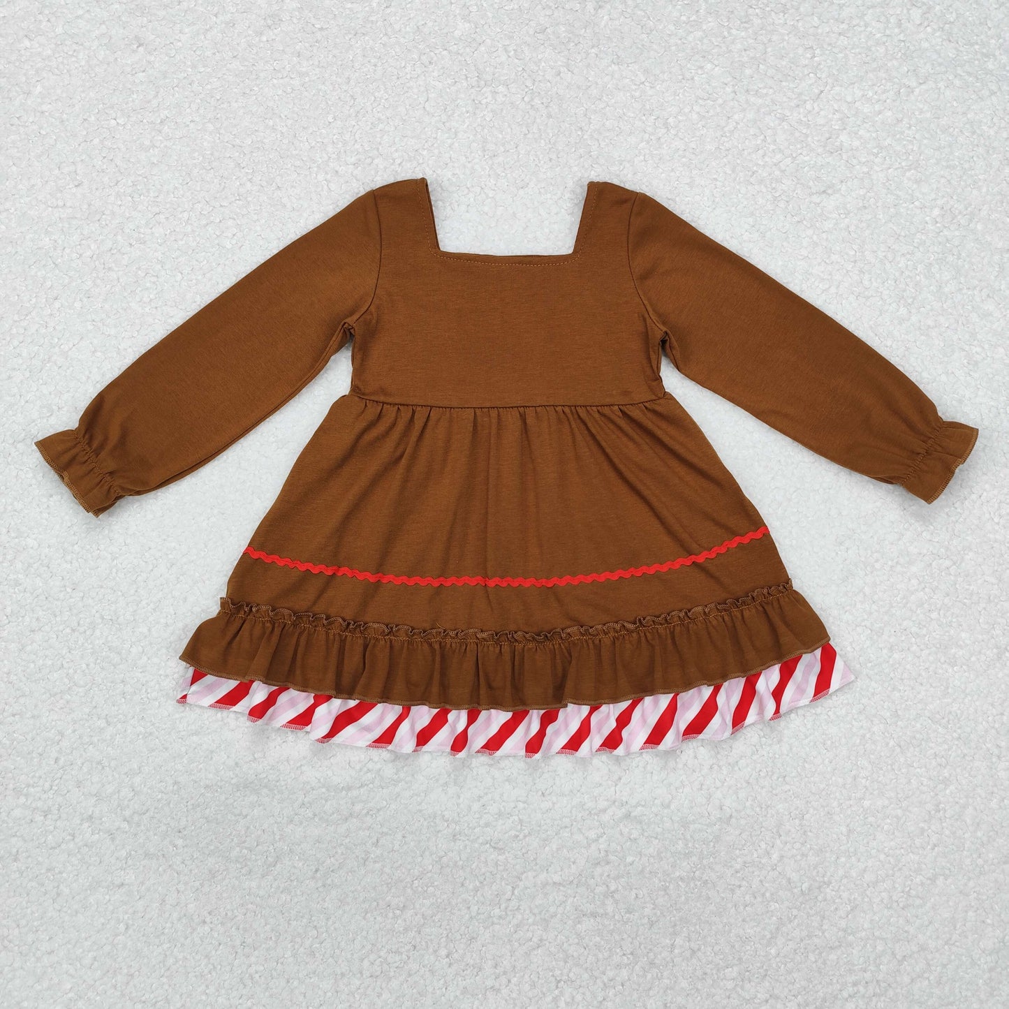 GLD0758 Christmas Canes Big Bows Brown Long Sleeve Dresses for Girls RTS 202509