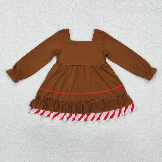 GLD0758 Christmas Canes Big Bows Brown Long Sleeve Dresses for Girls RTS 202509