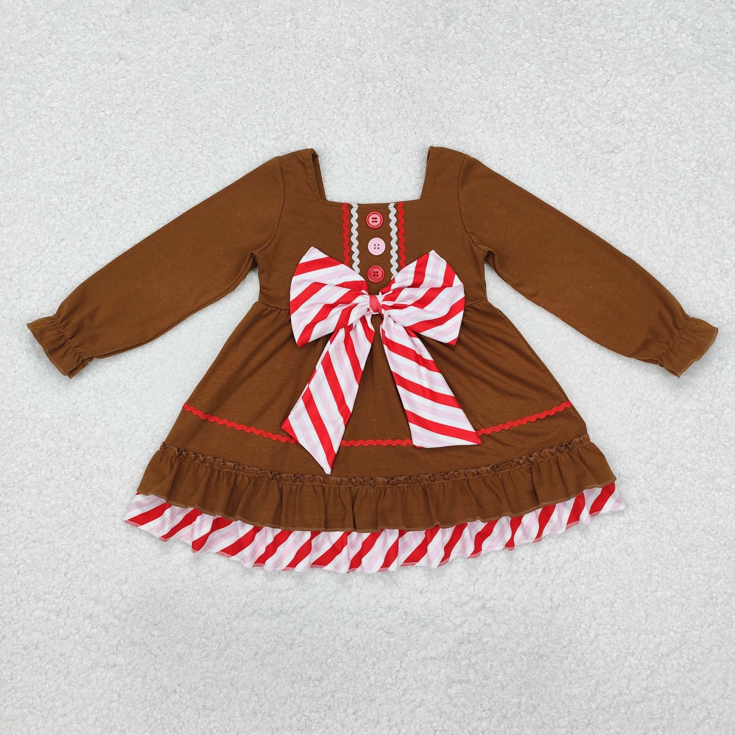 GLD0758 Christmas Canes Big Bows Brown Long Sleeve Dresses for Girls RTS 202509