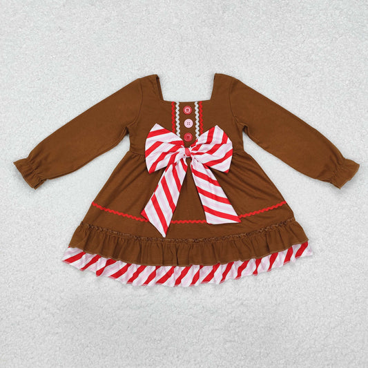 GLD0758 Christmas Canes Big Bows Brown Long Sleeve Dresses for Girls RTS 202509