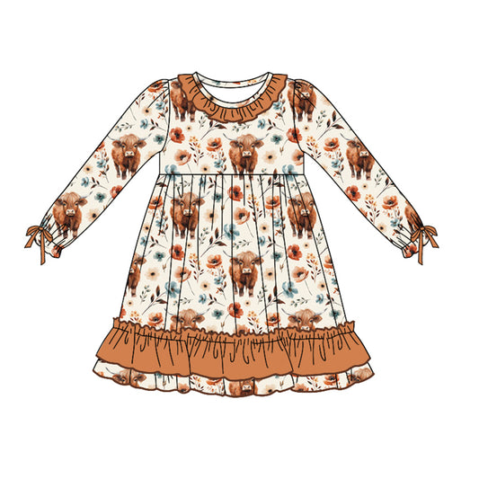 Preorder GLD0784 Alpine cow head flower Brown lace beige long-sleeved dress