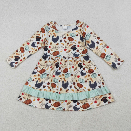GLD0789 Thanksgiving Pumpkin Ruffle Long Sleeve Dresses for Girls  202510 RTS