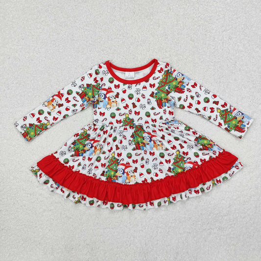 GLD0792 Cartoon Bluey Christmas Red Ruffle Long-Sleeved Dresses fore Girls  RTS 202509