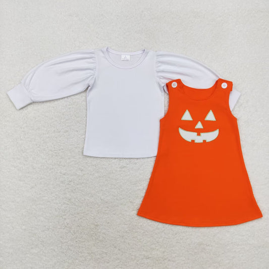 GLD0807 White long-sleeved Halloween smiley orange sleeveless dress set