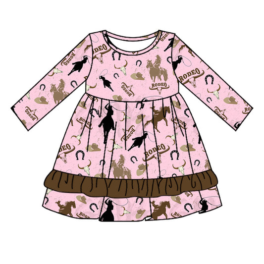 Preorder GLD0818 rodeo Riding Alpine bull Head Brown lace pink long-sleeved dress