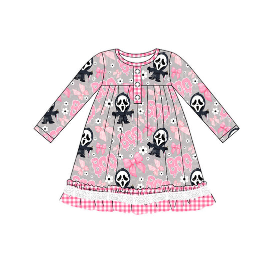 Preorder GLD0820 boo Mask flower bow pattern plaid lace grey long-sleeved dress