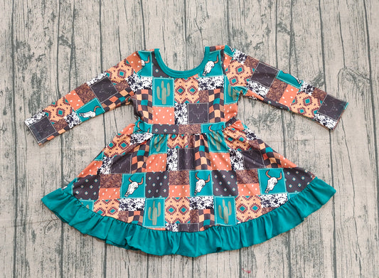 GLD0837 Cactus Cowgirl Plaid Ruffle Long Sleeve Dresses for Girls  202510 RTS