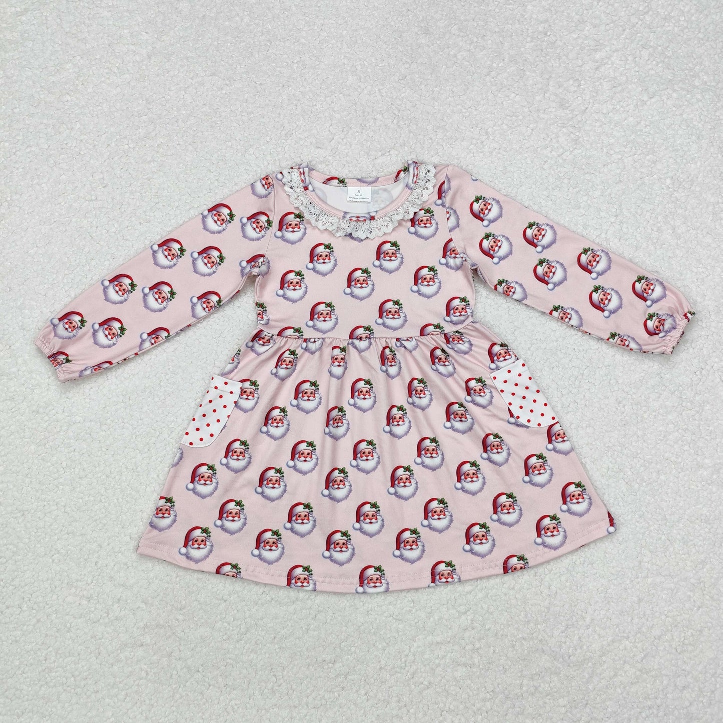 GLD0839 Christmas Lace Ruffle Pink Long-Sleeved Dresses for Girls RTS 202509
