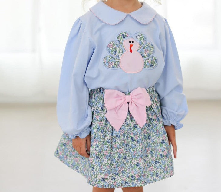 Preorder GLD0849 Flower Turkey blue doll collar long sleeve skirt set high quality wholesale