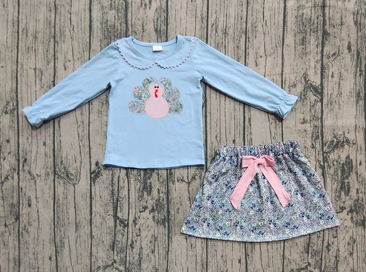 Preorder GLD0849 Embroidered Thanksgiving Turkey Flower blue doll collar long sleeve skirt set high quality wholesale