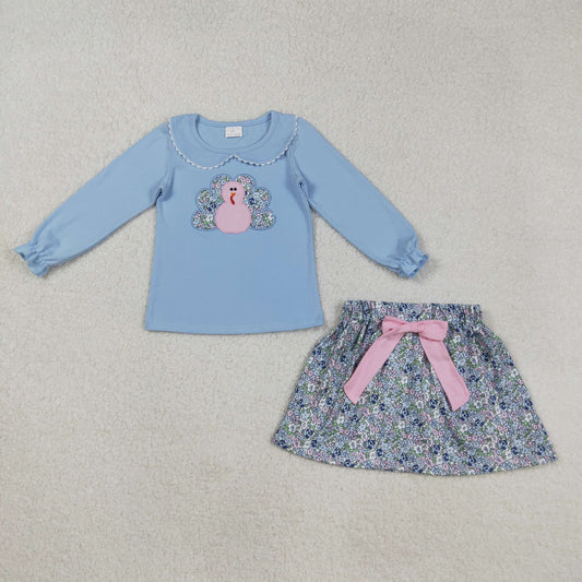 GLD0849 Embroidered Thanksgiving Turkey Flower Doll Collar Blue Long Sleeve Skirt Girls Set 202508 RTS