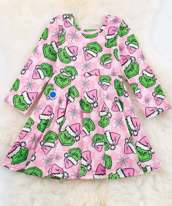 Preorder GLD0856 grinch pink plaid long-sleeved dress High quality