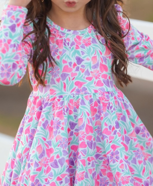 Preorder GLD0870 Pink purple love leaves white long-sleeved dress