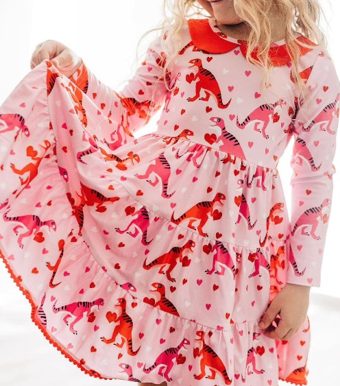 Preorder GLD0871 Love dinosaur Red doll collar pink long-sleeved dress