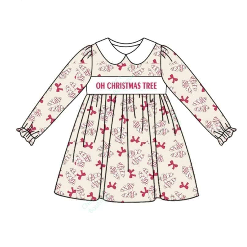 Preorder GLD0875 oh christmas tree long-sleeved beige dress with doll neck and bow pattern