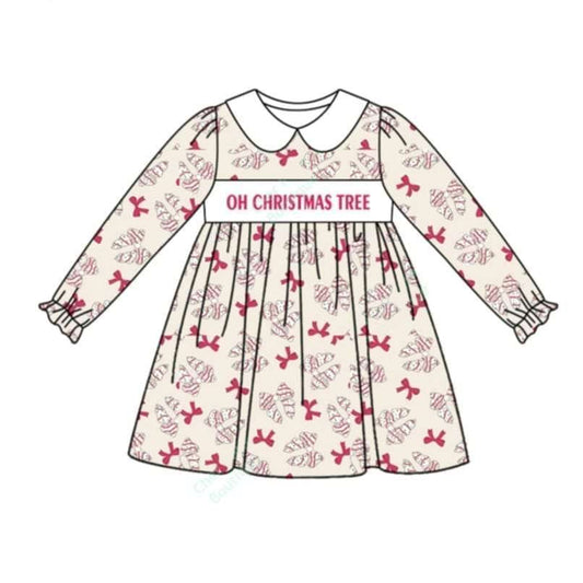 Preorder GLD0875 oh christmas tree long-sleeved beige dress with doll neck and bow pattern