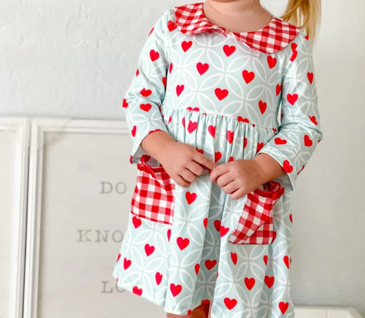 Preorder GLD0880 Love pattern red and white checkered doll collar long sleeve dress high quality