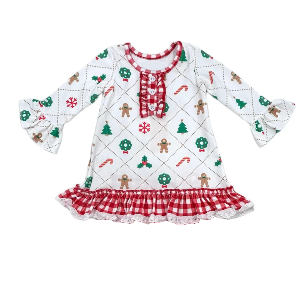 Preorder GLD0882 Christmas tree wreath gingerbread man crutch Red and white gingham lace White long-sleeved dress High quality