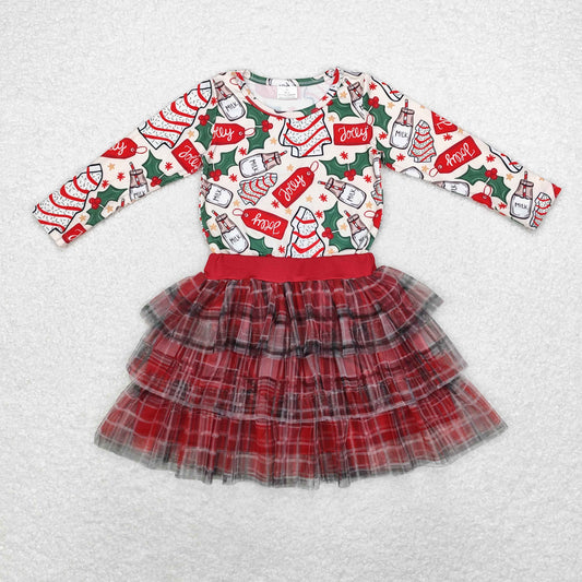 GLD0883 Christmas tree biscuit milk long sleeve British school style three-layer gauze skirt red and black striped skirt set high quality