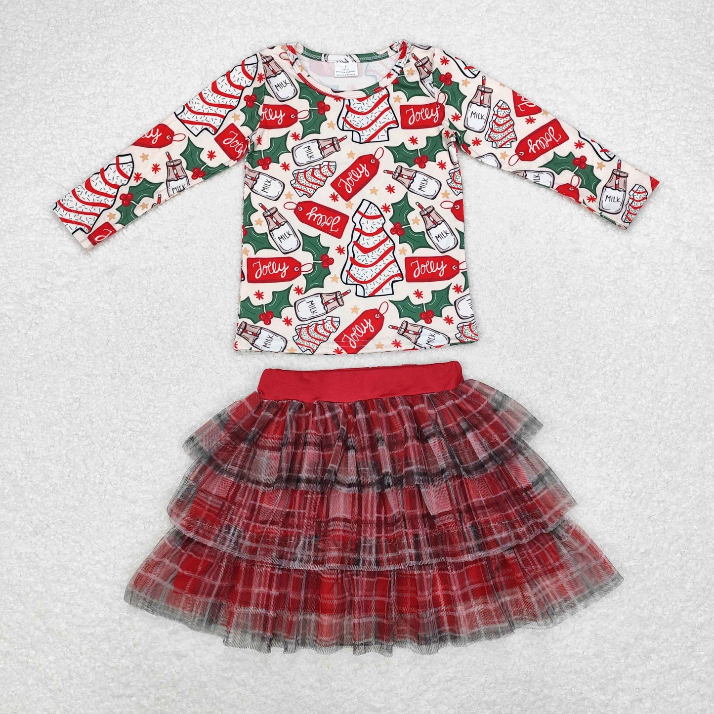 GLD0883 Christmas tree biscuit milk long sleeve British school style three-layer gauze skirt red and black striped skirt set high quality