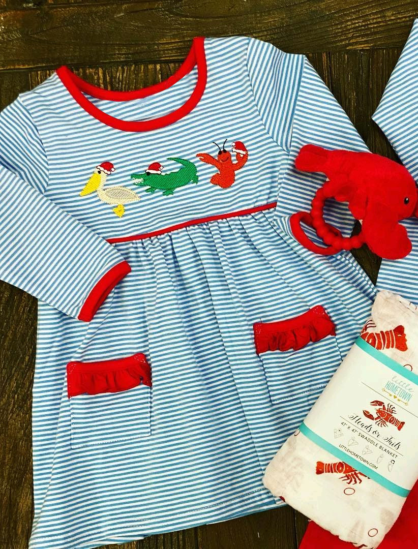 Preorder GLD0888 Christmas bird Crocodile Lobster Blue stripe Red lace pocket long-sleeved dress