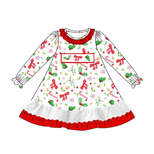 Preorder GLD0893 Christmas leaf bow pattern lace Red lace White long-sleeved dress