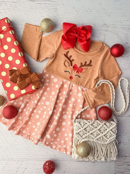 Preorder GLD0894 Christmas Reindeer polka dot brown long-sleeved dress