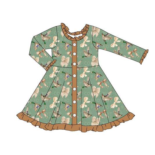 Preorder GLD0901 Duck bow pattern Brown lace button green long-sleeved dress