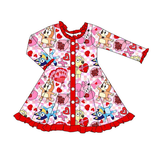 Preorder GLD0903 xoxo bluey Love flowers Red lace buttons pink and white plaid long-sleeved dress