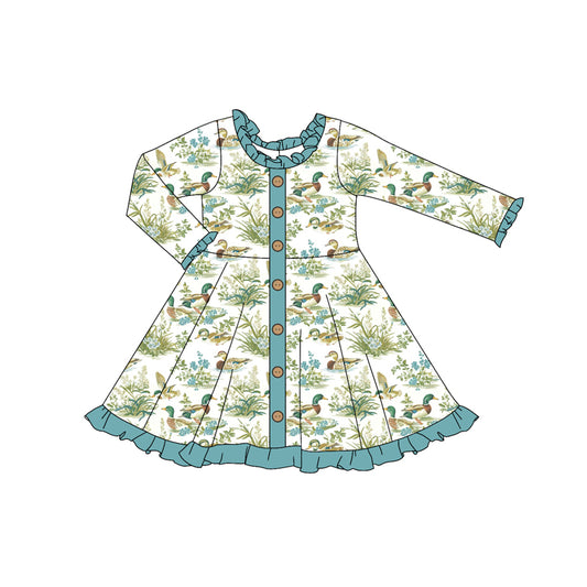 Preorder GLD0906 Duck flower blue-green lace button white long-sleeved dress