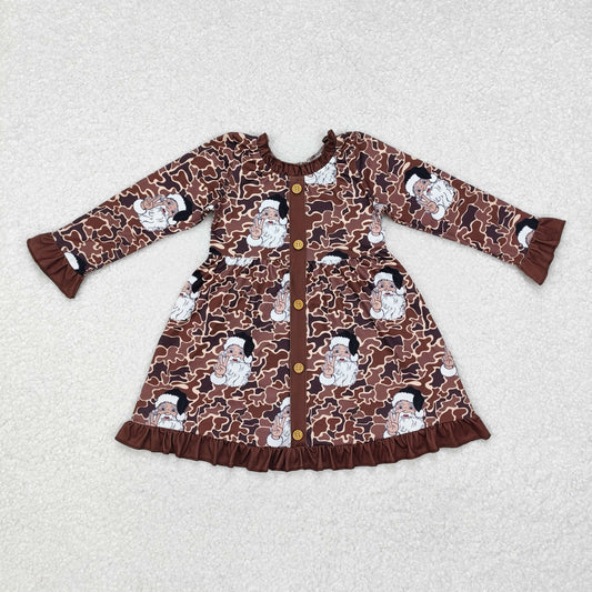 GLD0910 Leopard Ruffle Christmas Santa Claus Brown Long-Sleeved Dresses fore Girls  RTS 202509
