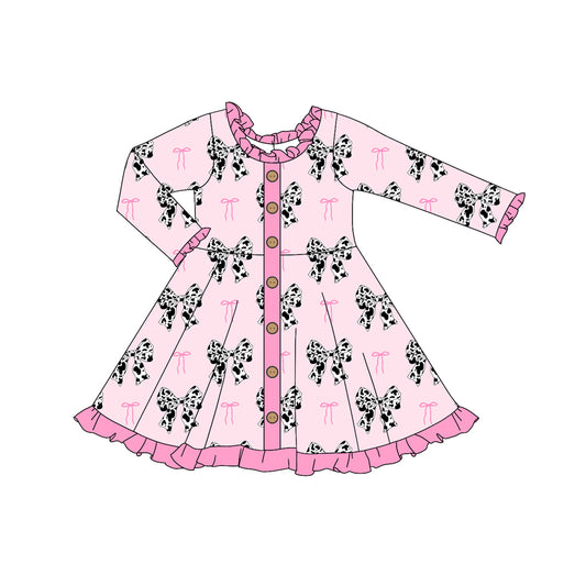 Preorder GLD0912 Cow-print bow pattern button pink lace long-sleeved dress