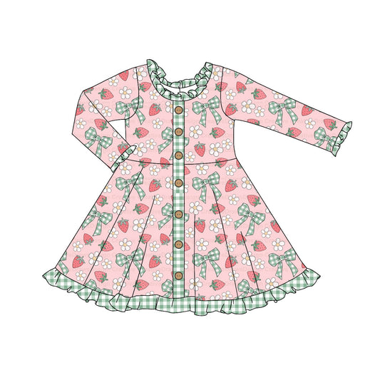 Preorder GLD0920 Bow pattern Strawberry flower Green plaid lace button pink long sleeve dress high quality wholesale