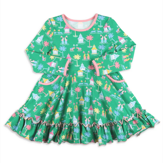 Preorder GLD0926 Circus playground green long-sleeved dress