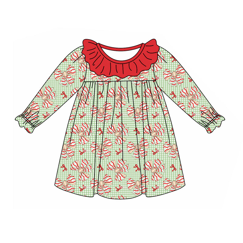 Preorder GLD0930 Christmas bow pattern Red lace Green plaid long-sleeved dress