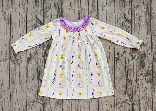 NO MOQ preorder GLD0949  Mardi Gras Purple Ruffle Long Sleeve Dresses for Girls 202509