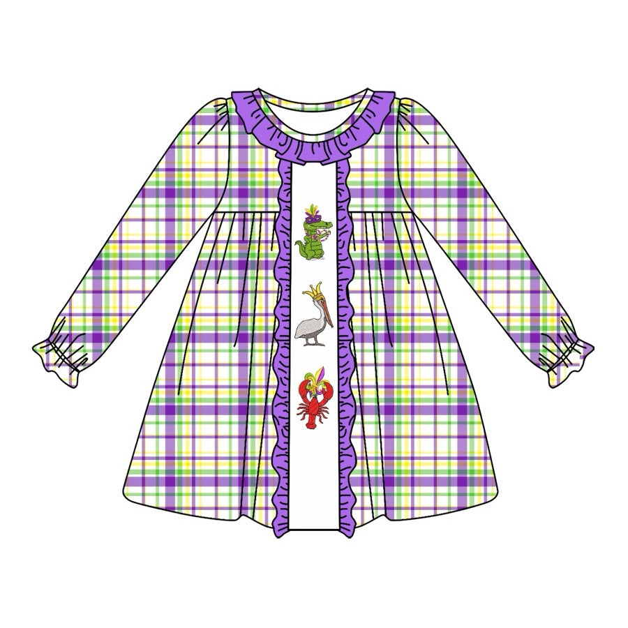 Preorder GLD0953 Carnival Crocodile bird Lobster purple lace plaid long-sleeved dress