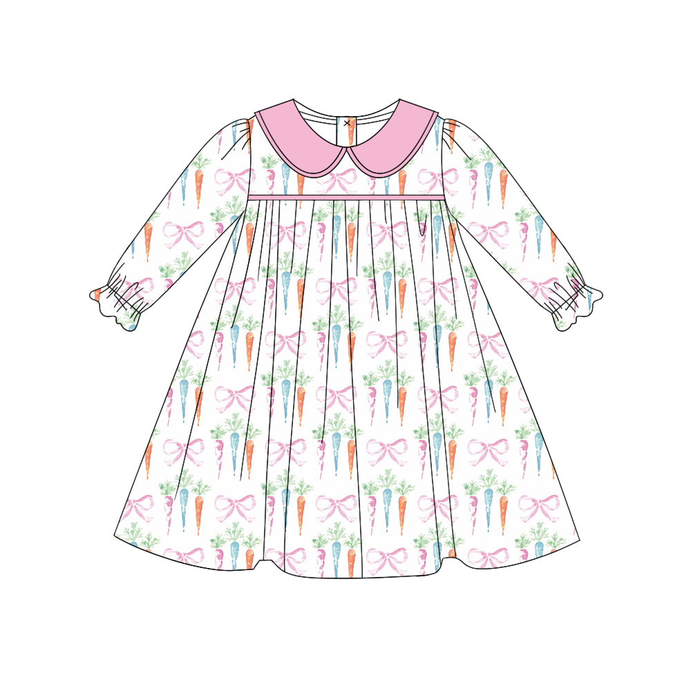 Preorder GLD0956 Easter carrot bow pattern pink doll collar white long-sleeved dress