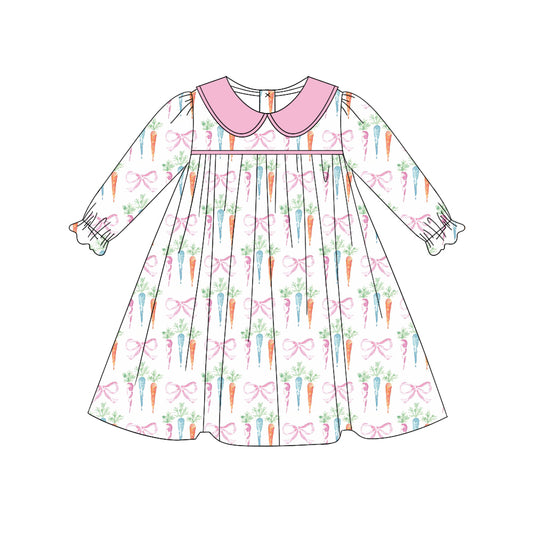 Preorder GLD0956 Easter carrot bow pattern pink doll collar white long-sleeved dress