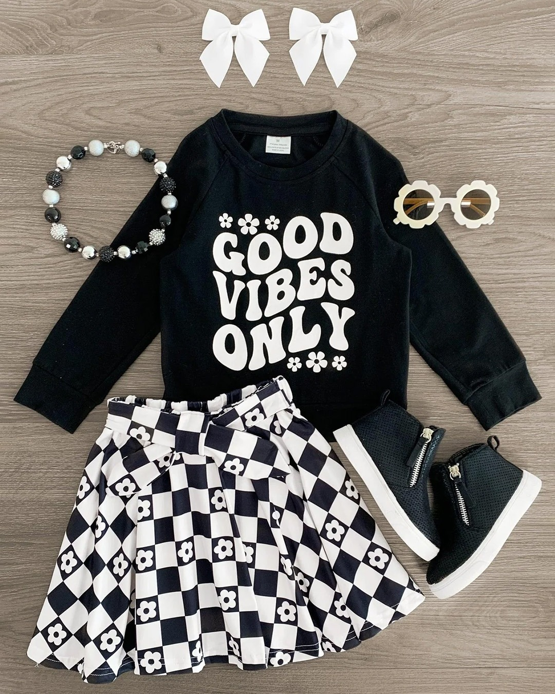 Preorder GLD0960 good vibes only letter flower long sleeve black and white plaid skirt suit