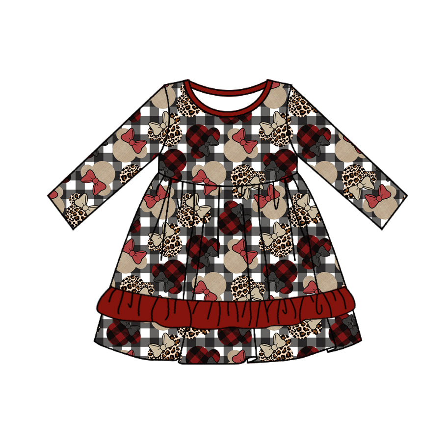 Preorder GLD0962 Christmas leopard print Mickey Red lace black plaid long-sleeved dress