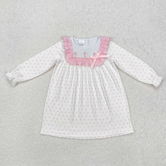 GLD0981 White Dot Pink Ruffle long sleeve dress embroidery cross  boutique baby girl outfit RTS 202412