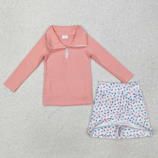 GLD0984 Yoga outfit Orange Pink stand-up zipper top with pocket colored dot skirts culottes Baby girls boutique outfit RTS 202501