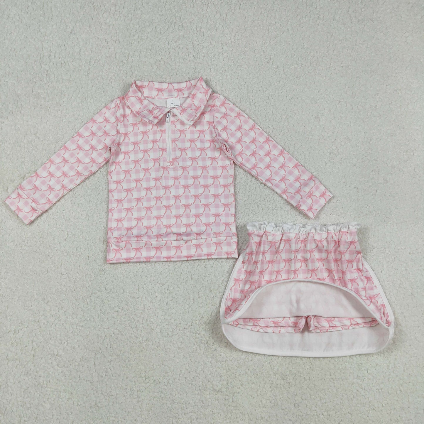 GLD1014 Pink White Plaid Bows Stand-up Zip Long Sleeve Skirts Shorts Girls Yoga Sets 202512 RTS